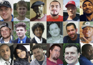 This combination of photos shows, top row from left, Anthony Timpa, Austin Hunter Turner, Carl Grant, Damien Alvarado, Delbert McNiel and Demetrio Jackson; second row from left, Drew Edwards, Evan Terhune, Giovani Berne, Glenn Ybanez, Ivan Gutzalenko and Mario Clark; bottom row from left, Michael Guillory, Robbin McNeely, Seth Lucas, Steven Bradley Beasley, Taylor Ware and Terrell “Al” Clark. Each died after separate encounters with police in which officers used force that is not supposed to be deadly. (AP Photo)